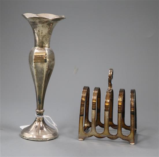A George V silver specimen vase and a silver 4 division toast rack